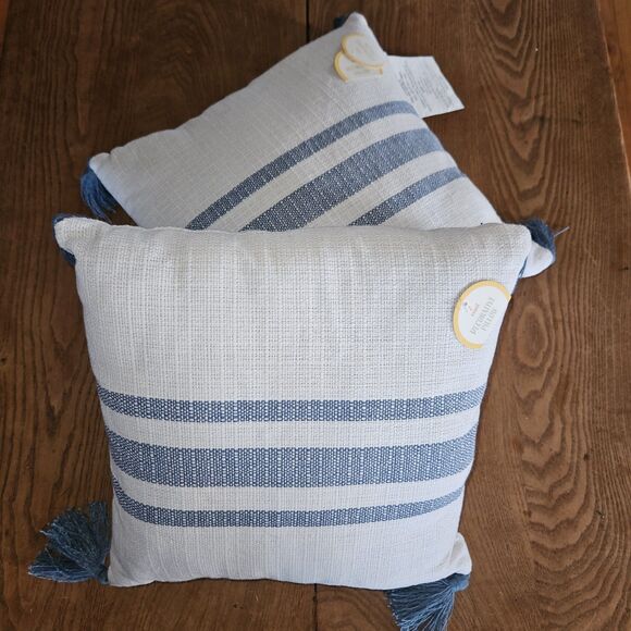 New Set of 2 White & Navy Striped Pillows | Soft Polyester Square Decor - Picture 1 of 5